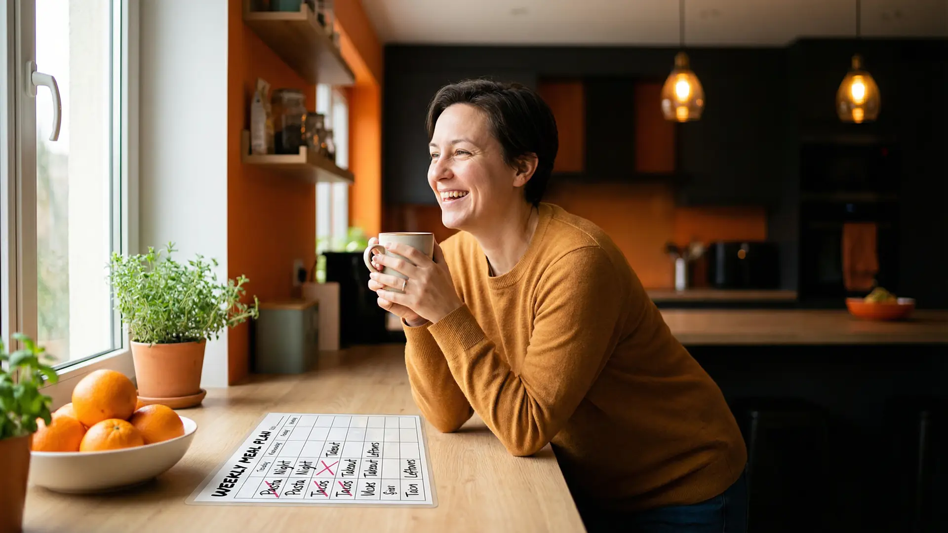 A family adapting their dinner plan mid-week, with a flexible meal planning app open on a phone next to a relaxed kitchen scene.