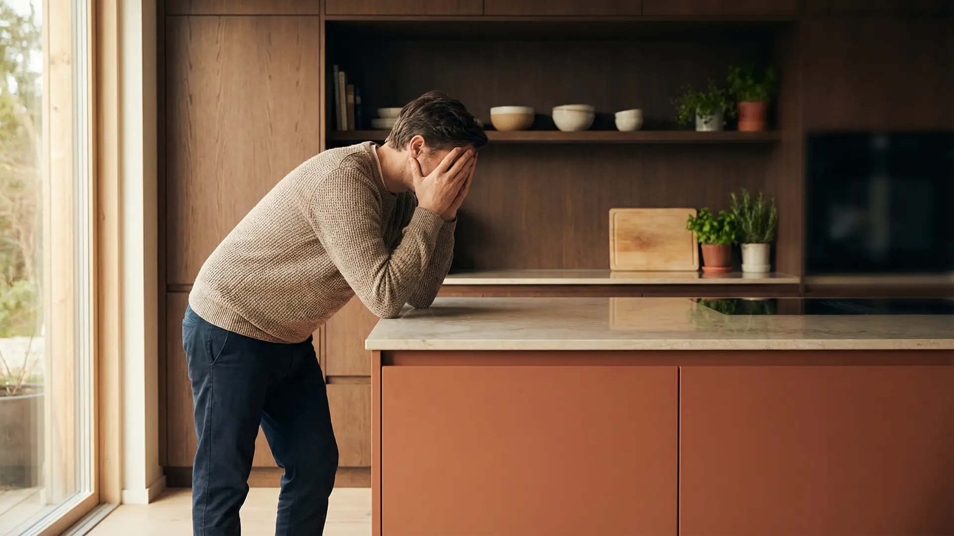 A parent standing in front of an open fridge looking uncertain, representing the common problem of not knowing what to cook for dinner.