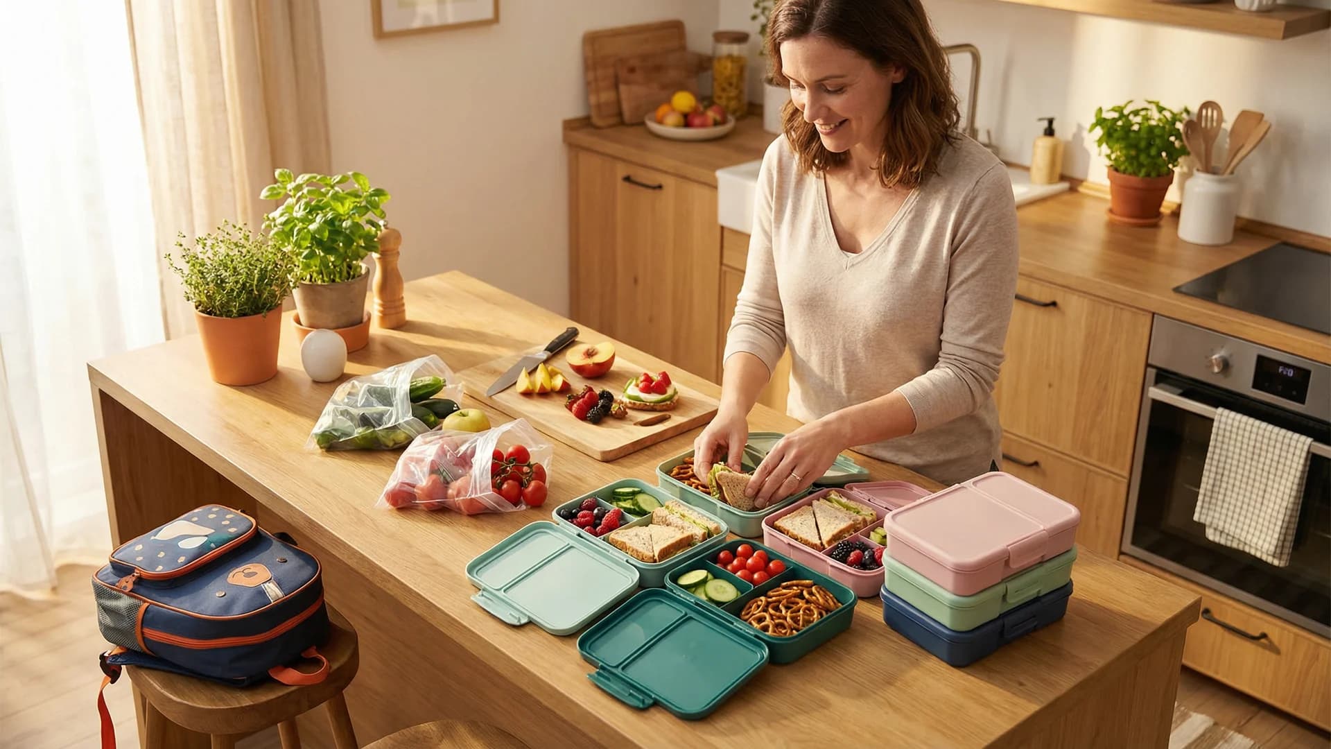 A parent packing colorful, healthy school lunches into bento boxes on a kitchen island in the morning light.