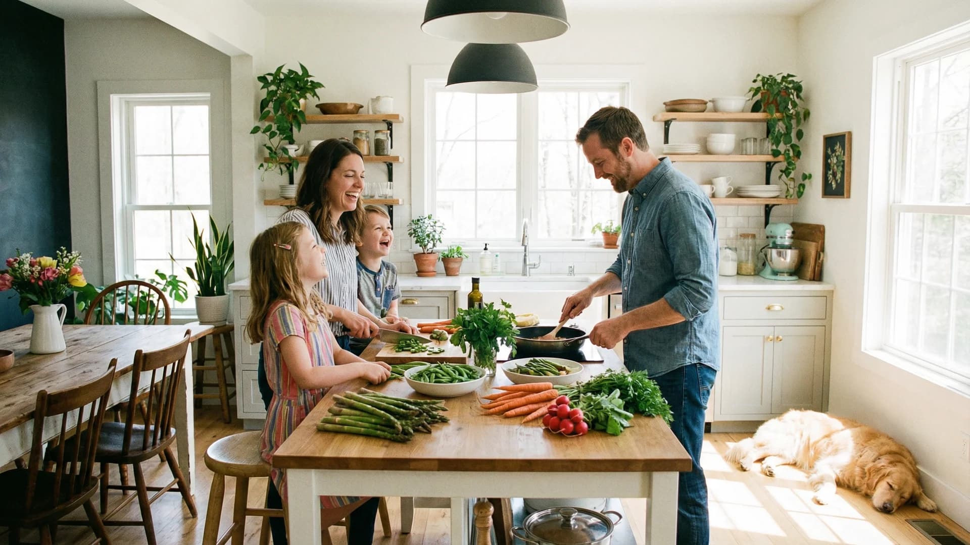 A bright, airy kitchen with a family preparing a fresh spring meal together, featuring colorful spring vegetables like asparagus and peas.