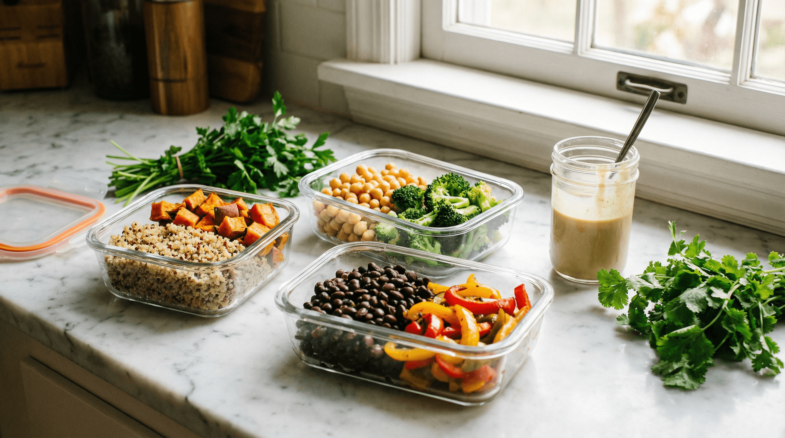 A kitchen counter filled with glass meal prep containers containing colourful vegetarian meals like quinoa, roasted sweet potatoes, and black beans.