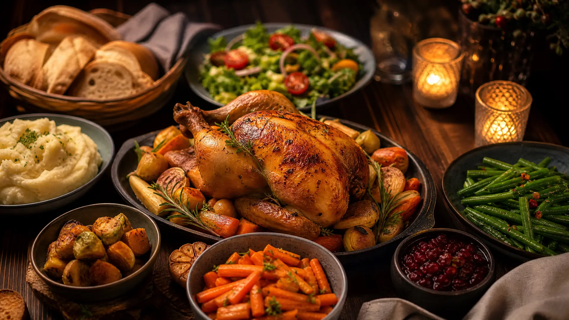 Wholesome family dinner spread with roasted chicken and colorful vegetables on a dark wooden table