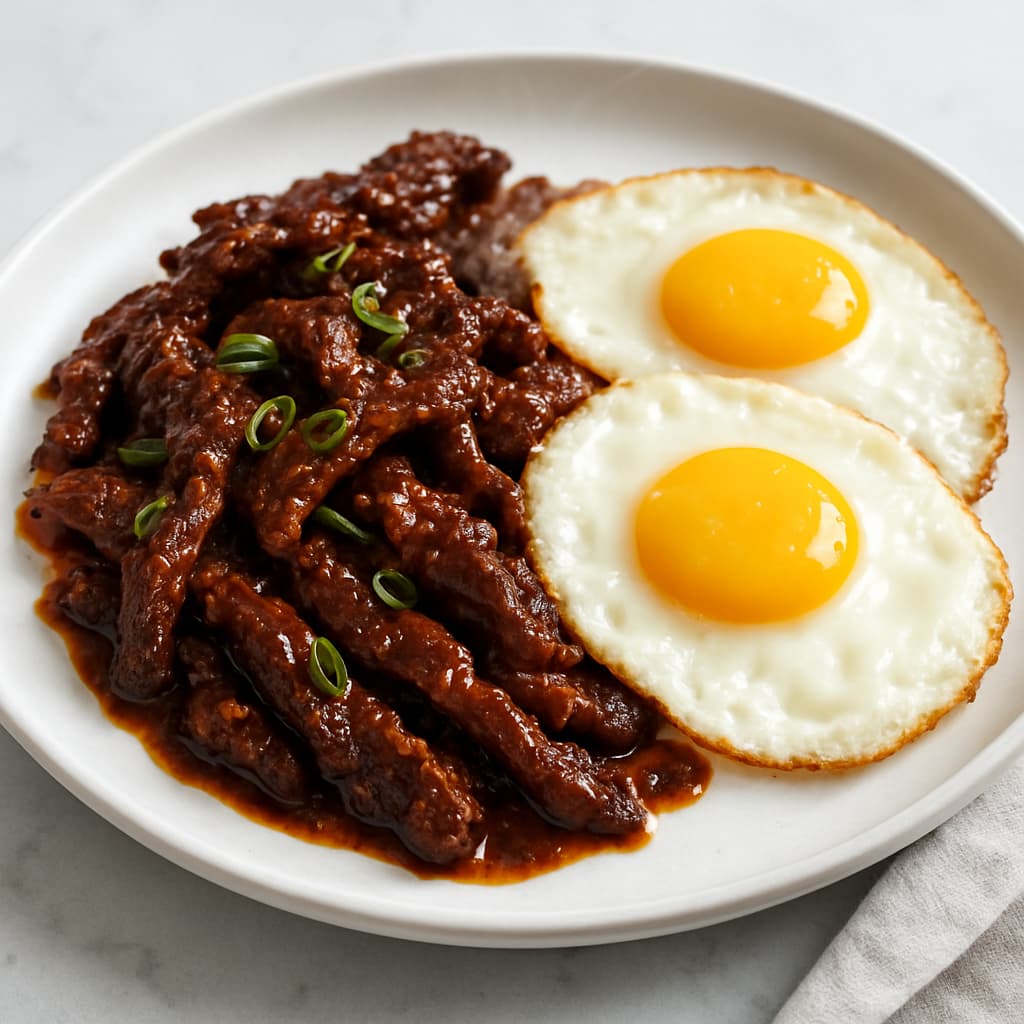 Malaysian BBQ Beef Strips with Fried Eggs recipe