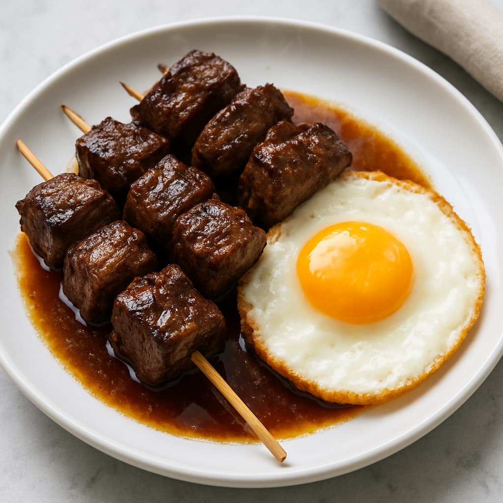 Malaysian Grilled Beef Kebabs with Fried Egg recipe