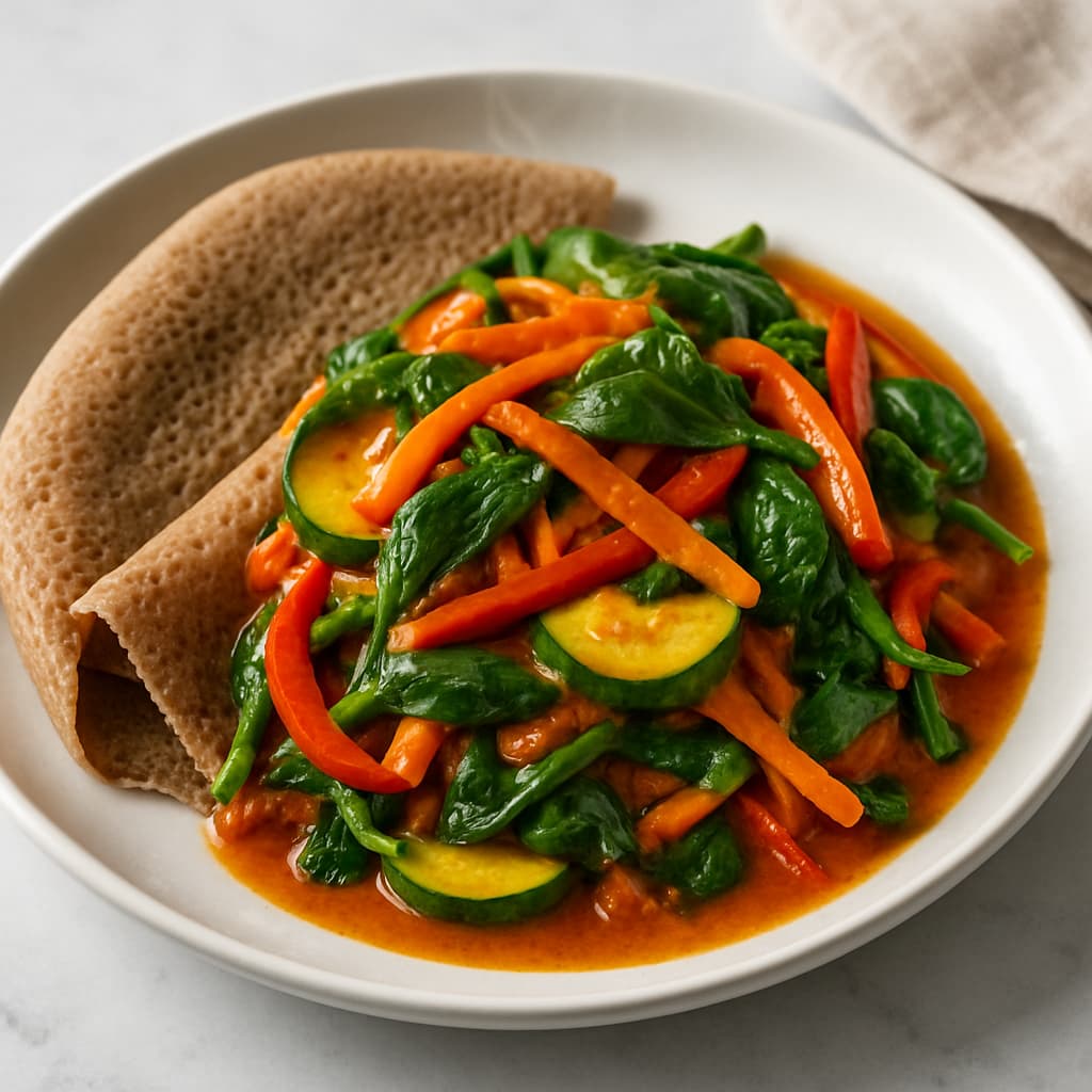 Quick Ethiopian Spiced Vegetable and Injera Bowl — Ethiopian family meal