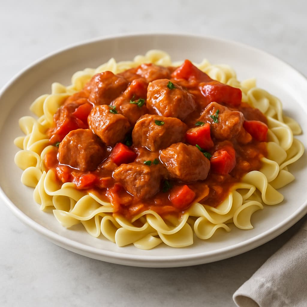 Quick German Pork Goulash with Noodles — German family meal