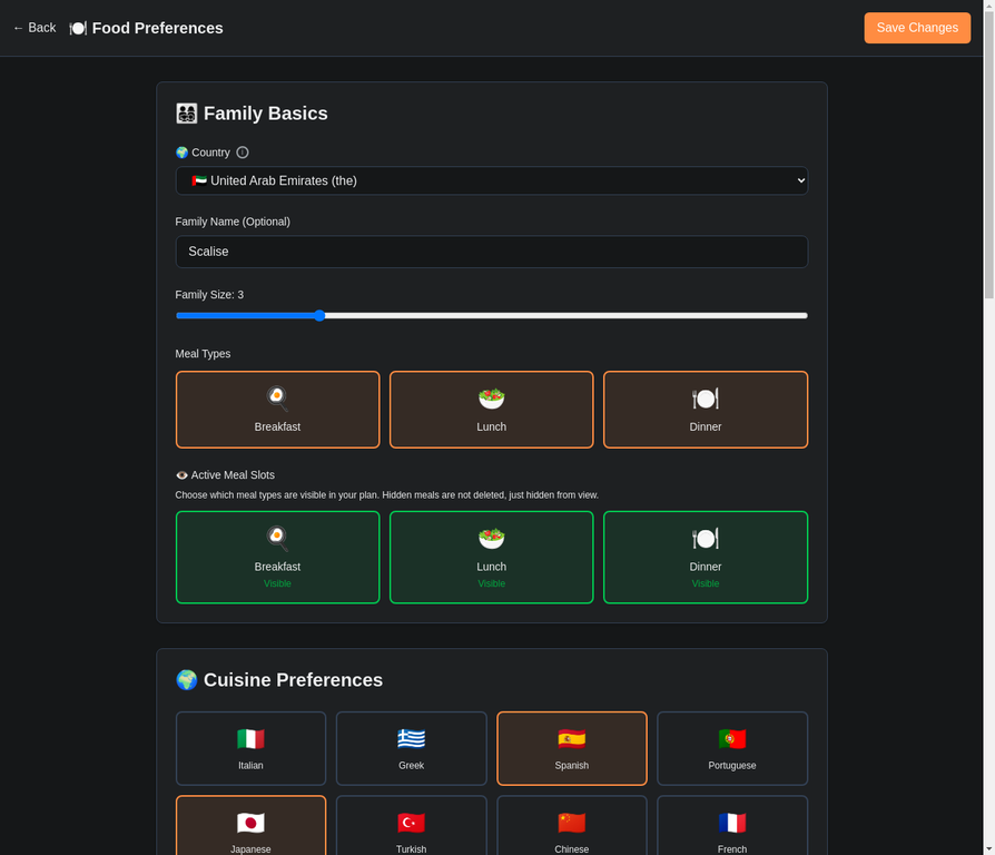 FamilyPlate Food Preferences screen showing cuisine selections, dietary restrictions, and the Kid-Friendly Meals toggle