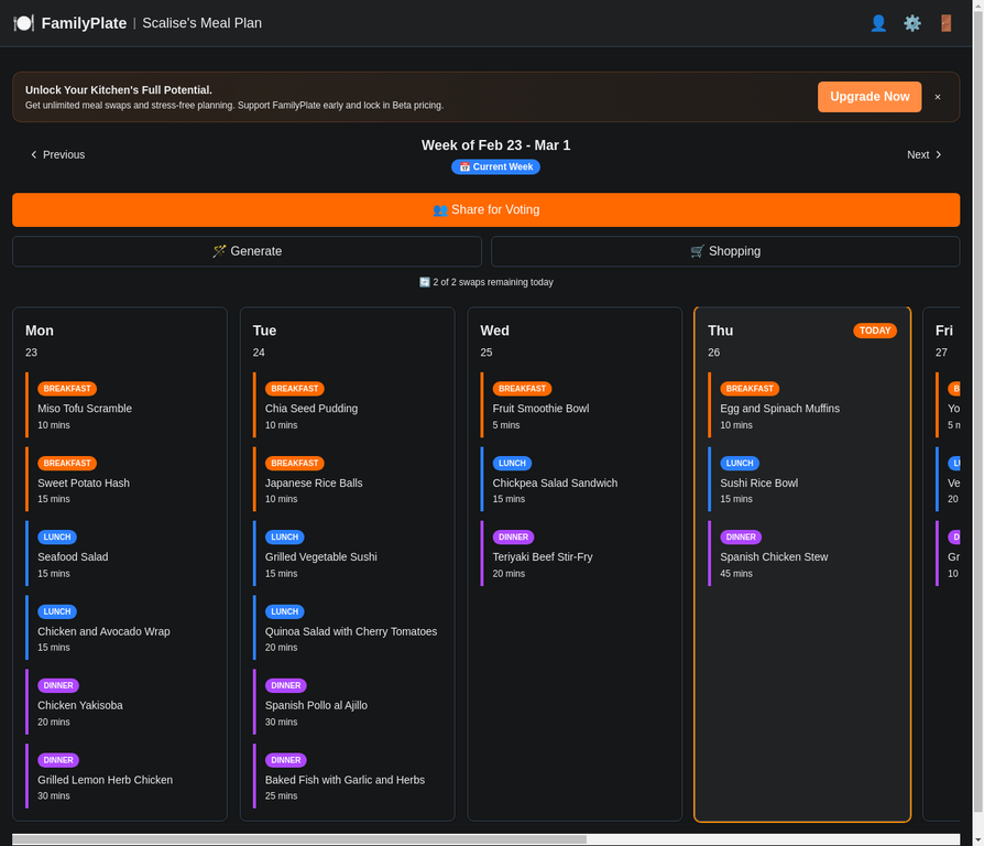 FamilyPlate weekly meal plan dashboard showing AI-generated kid-friendly meals for the full week