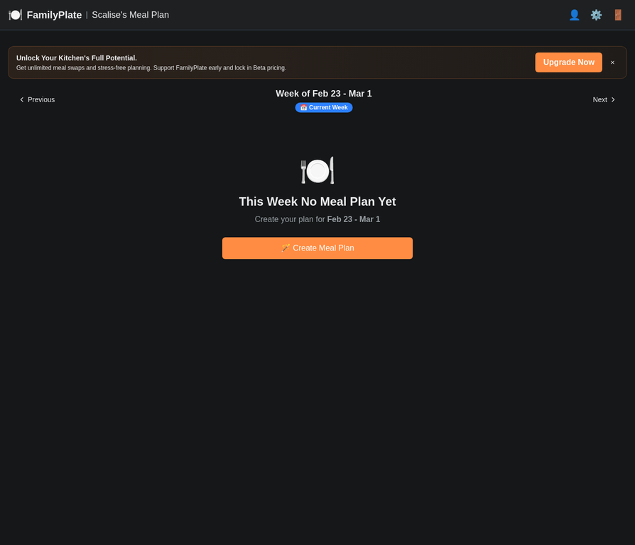 FamilyPlate weekly plan dashboard showing the current week's meal plan with AI-generated meals