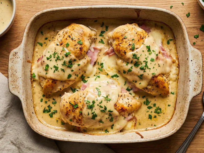 Chicken Cordon Bleu Bake - French Meal Plan for Families recipe example for families