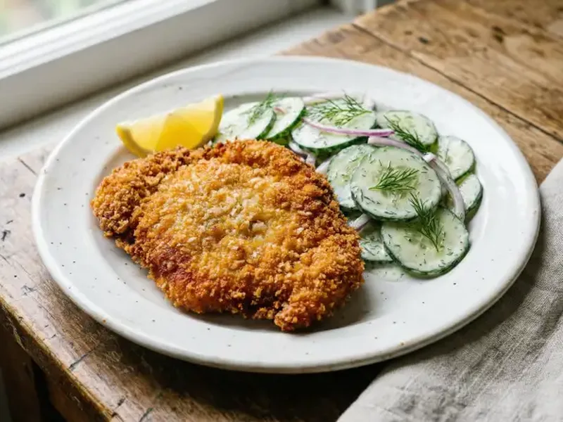 Chicken Schnitzel with Cucumber Salad - German Meal Plan for Families recipe example for families