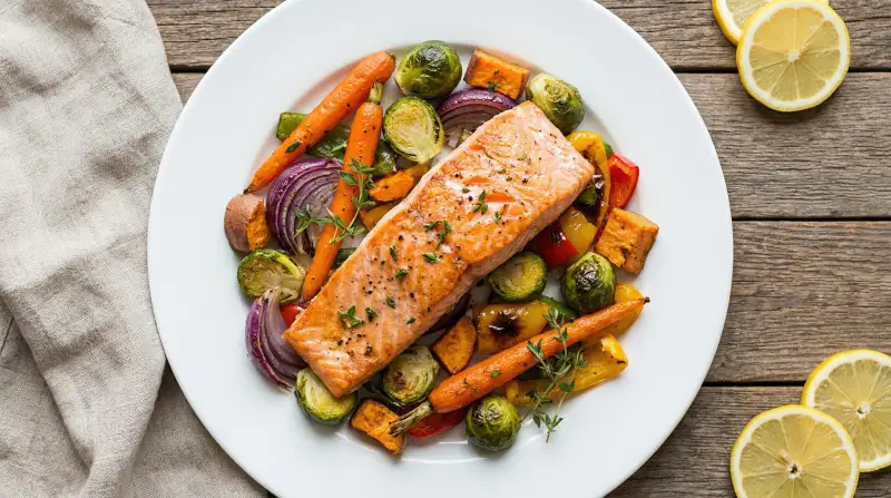 Salmon with Roasted Veggies - Kosher Meal Planning for Families recipe example for families