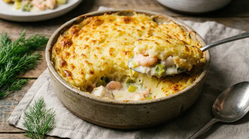 Fish Pie with Mashed Potato Top - Pescatarian Meal Planning for Families recipe example for families