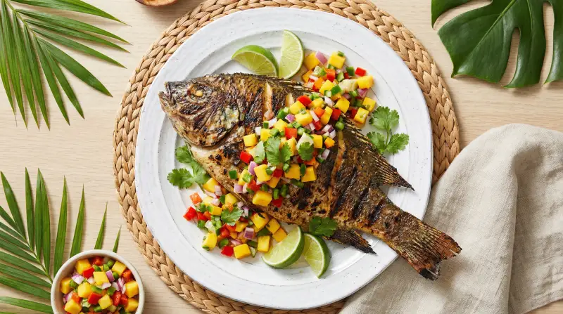 Grilled Tilapia with Mango Salsa - Pescatarian Meal Planning for Families recipe example for families