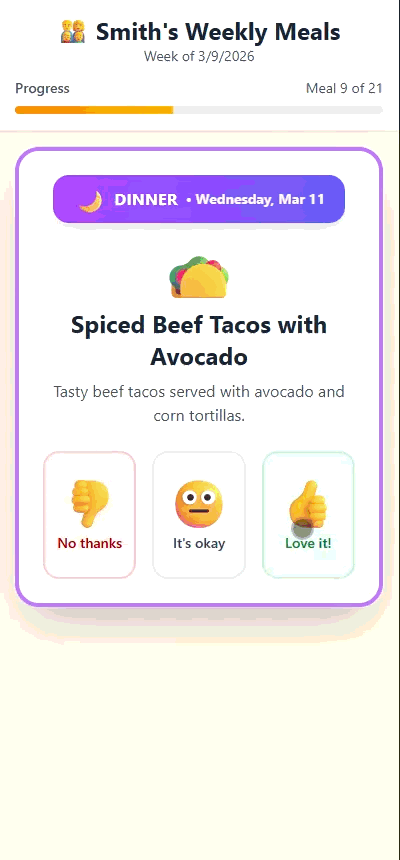 FamilyPlate AI-generated weekly meal plan showing Breakfast, Lunch, and Dinner cards for the Smith family — Week of March 9